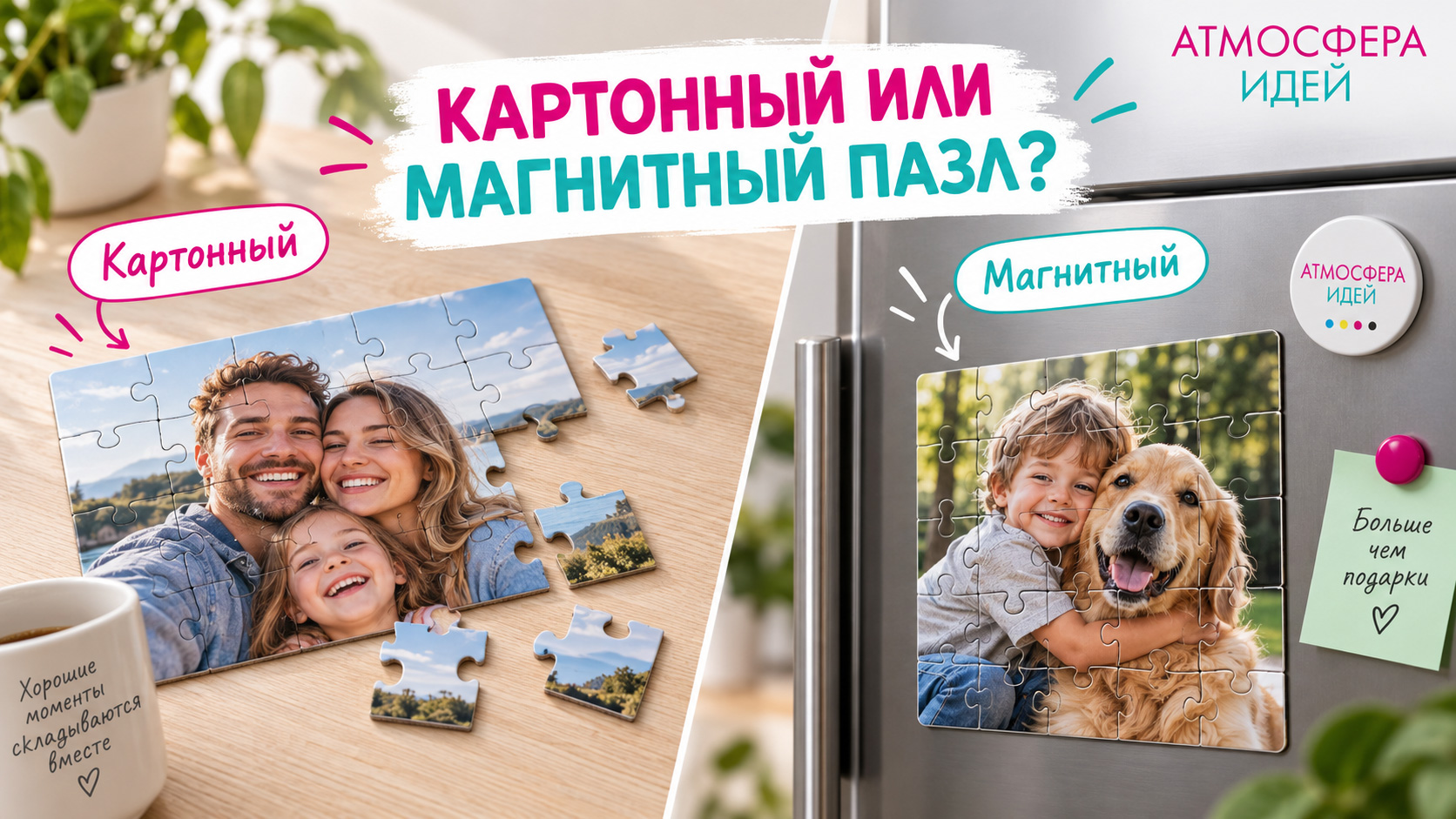 Сравнение картонного и магнитного пазла с индивидуальной фотографией