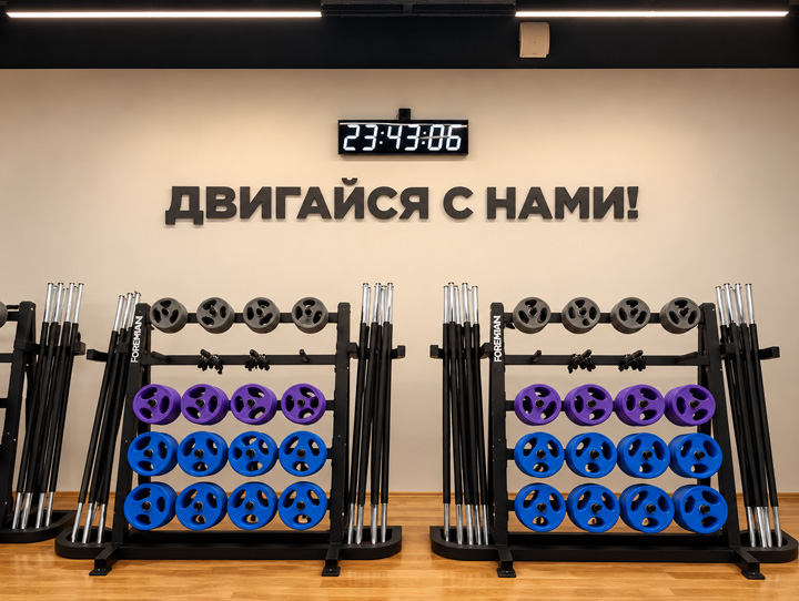 Интерьер фитнес-клуба Spirit Fitness с фирменными надписями